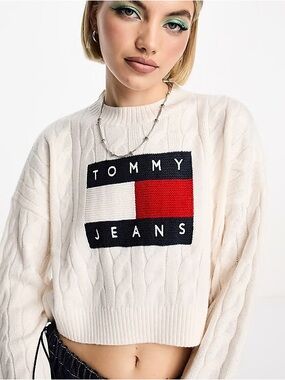 Tommy Jeans knit boxy flag sweater in white